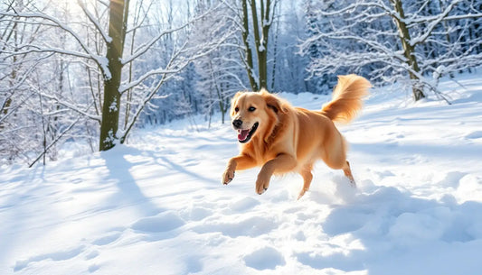 Golden retriever joyfully bounding through deep snow.