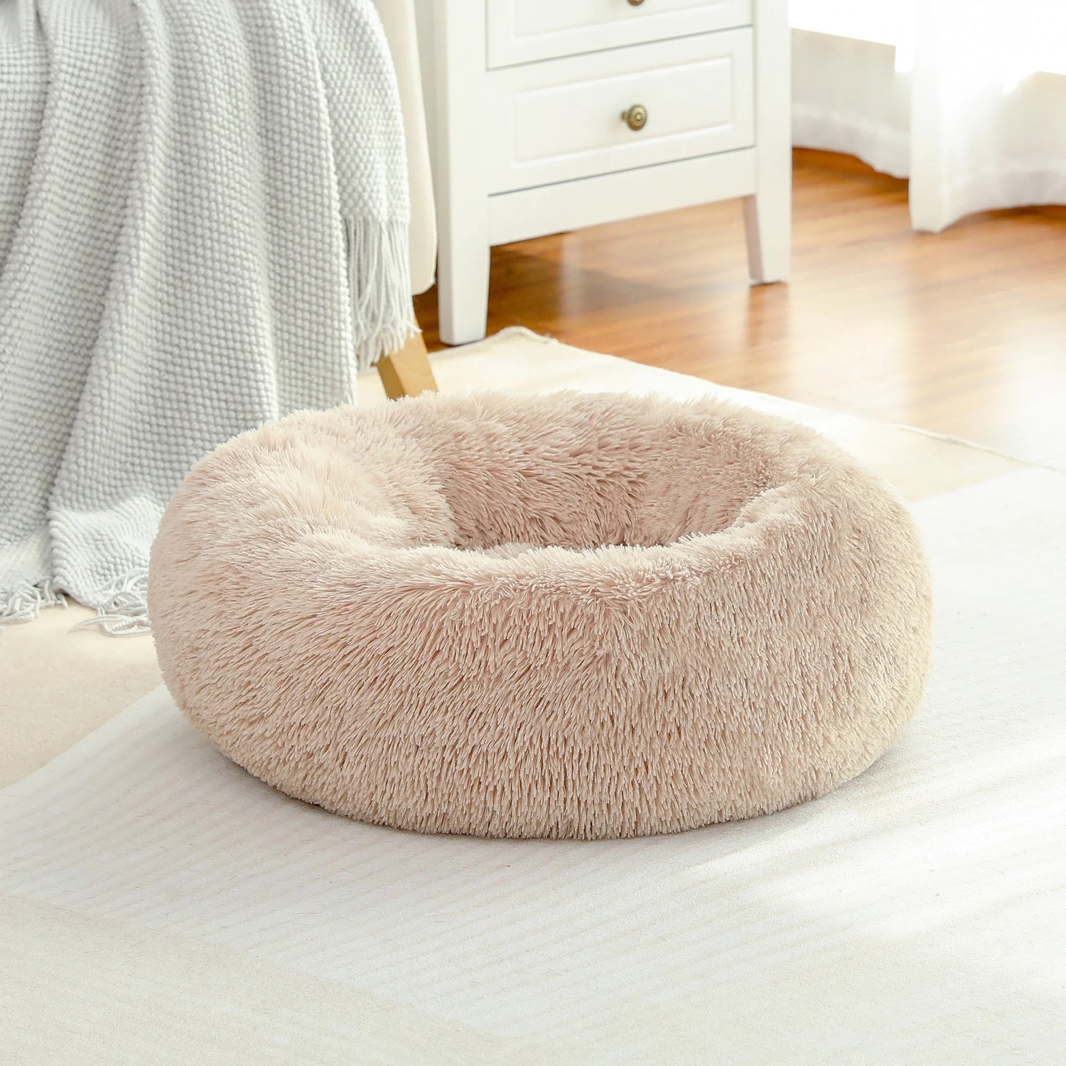 Calming Donut Dog Bed 23" Anti-Anxiety Plush Pillow round Puppy Cat Bed for Pets up to 25Lbs,Beige