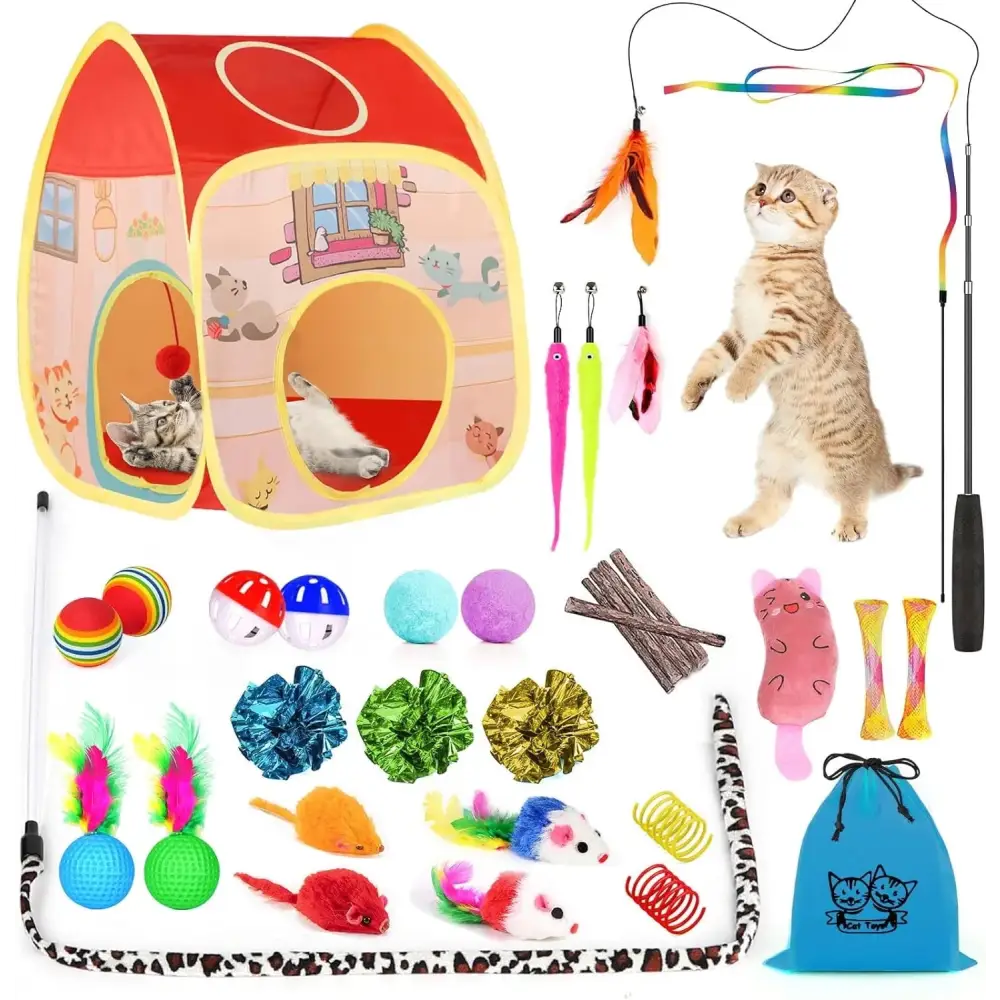 34Pcs Cat Toys Kitten Toys, Interactive Kitty Toys with Collapsible Cat Tunnels Tent, Cat Wand Catnip Feather Teaser