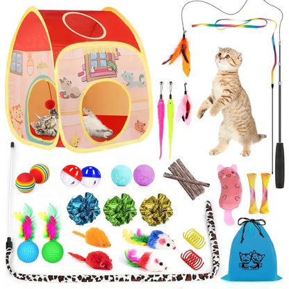 34Pcs Cat Toys Kitten Toys, Interactive Kitty Toys with Collapsible Cat Tunnels Tent, Cat Wand Catnip Feather Teaser