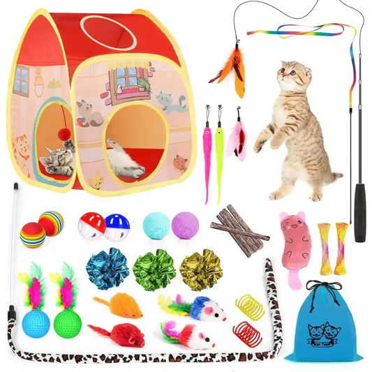 34Pcs Cat Toys Kitten Toys, Interactive Kitty Toys with Collapsible Cat Tunnels Tent, Cat Wand Catnip Feather Teaser