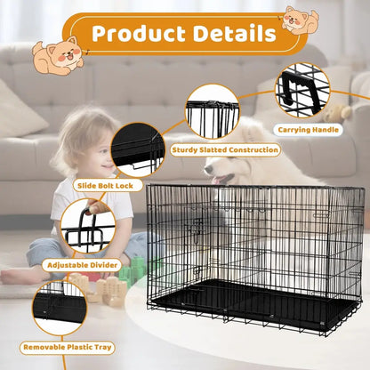 42 Inch Dog Crate, Dog Crates and Kennels Foldable Large Dog Crate for Large Dogs with Handle Double-Door Outdoor Metal Wire Dog Cage with Plastic Tray for Medium Dogs, Black