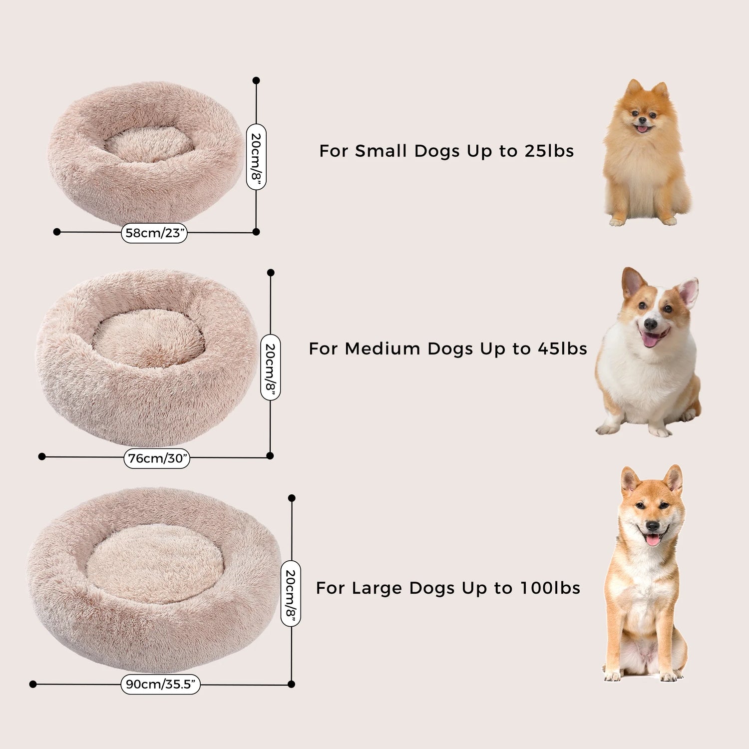 Calming Donut Dog Bed 23" Anti-Anxiety Plush Pillow round Puppy Cat Bed for Pets up to 25Lbs,Beige