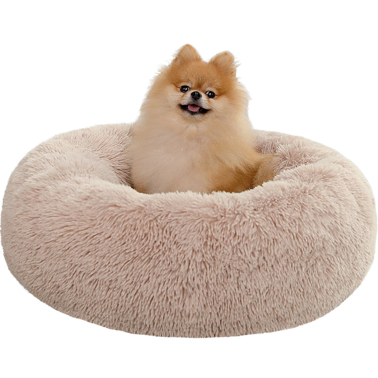 Calming Donut Dog Bed 23" Anti-Anxiety Plush Pillow round Puppy Cat Bed for Pets up to 25Lbs,Beige