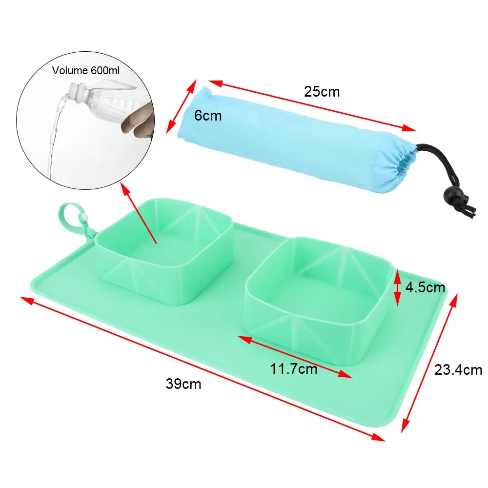 Silicone Pet Feeding Mat with Folding Double Bowls for Easy Cleanup