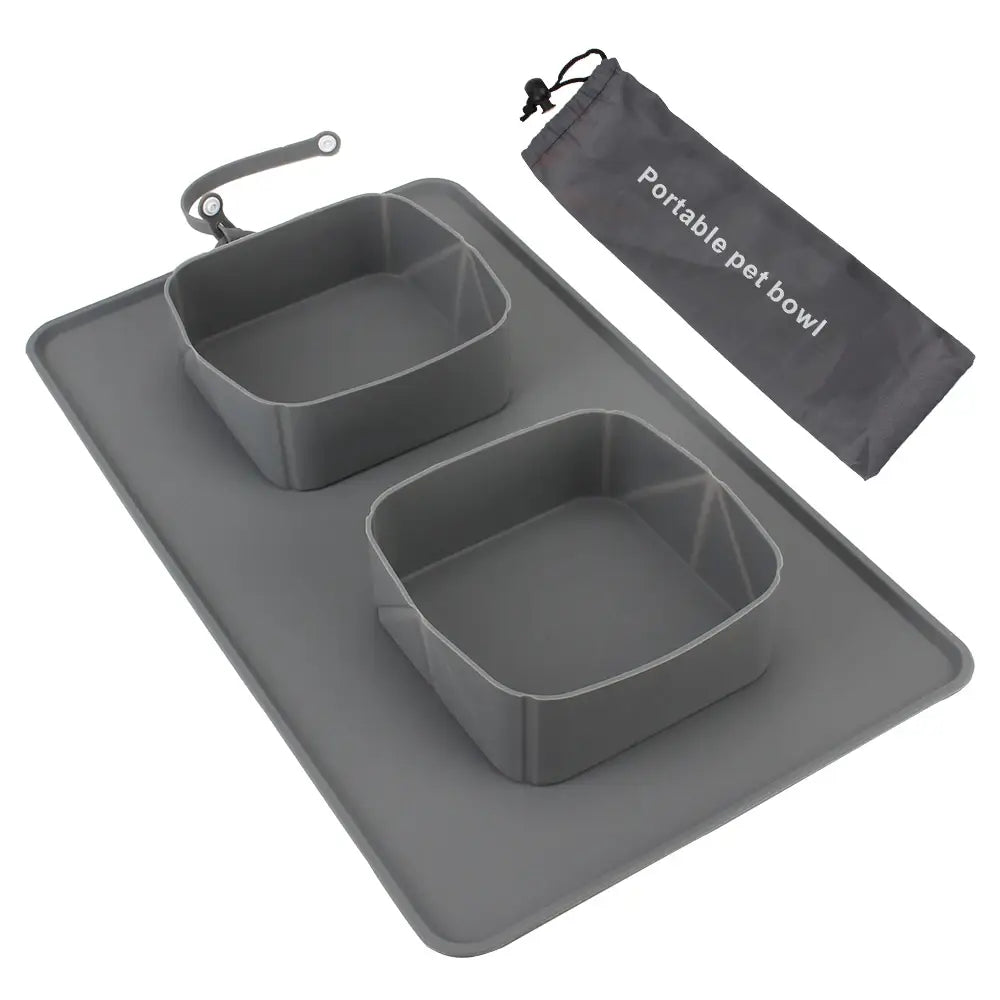 Silicone Pet Feeding Mat with Folding Double Bowls for Easy Cleanup