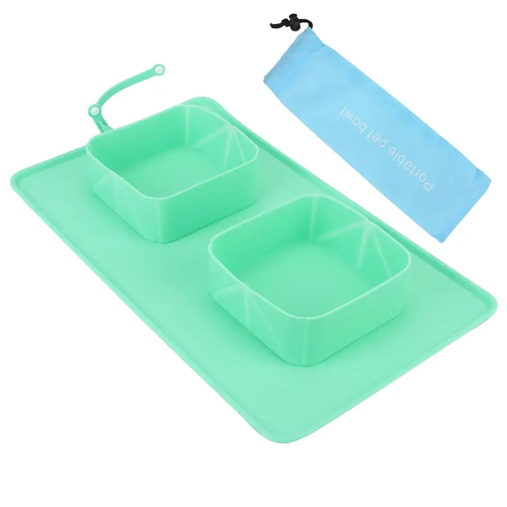 Silicone Pet Feeding Mat with Folding Double Bowls for Easy Cleanup