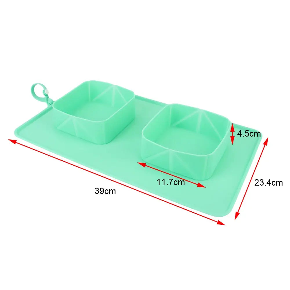 Silicone Pet Feeding Mat with Folding Double Bowls for Easy Cleanup