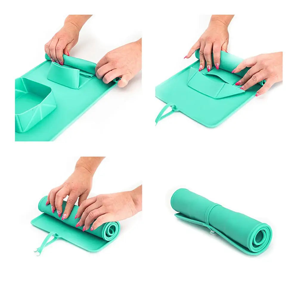 Silicone Pet Feeding Mat with Folding Double Bowls for Easy Cleanup