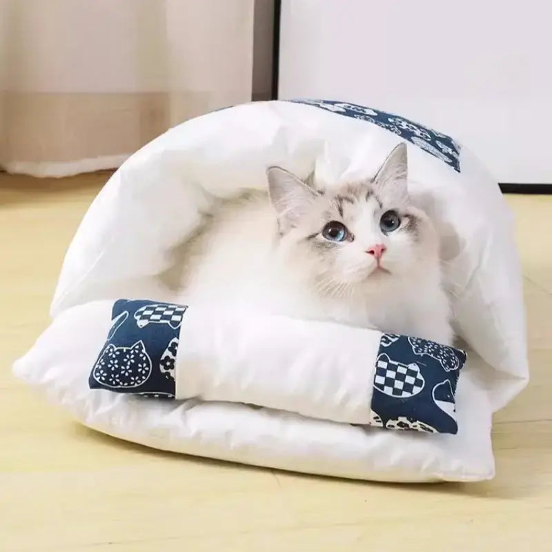 Navy Trimmed White Pillow Warm Cat Bed with Removable Sleeping Bag