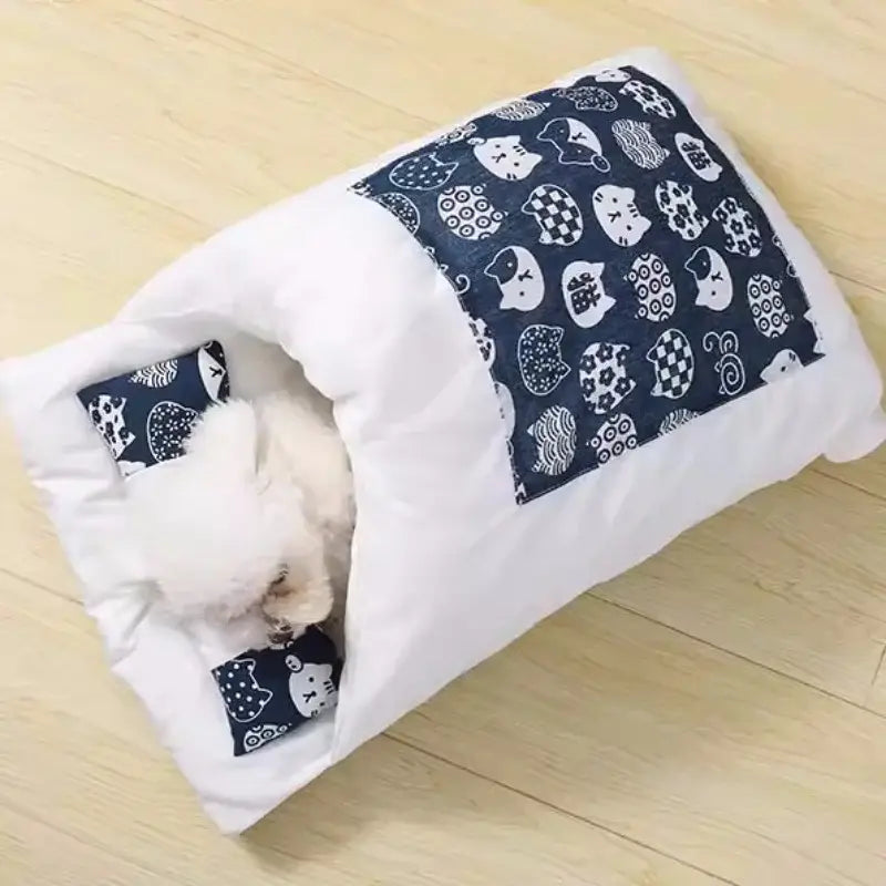 Navy Trimmed White Pillow Warm Cat Bed with Removable Sleeping Bag