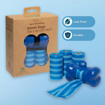 Dog Poop Bags (240 Bags) for Waste Refuse Cleanup, Doggy Roll Replacements for Outdoor Puppy Walking and Travel, Leak Proof and Tear Resistant, Thick Plastic - Blue Strips