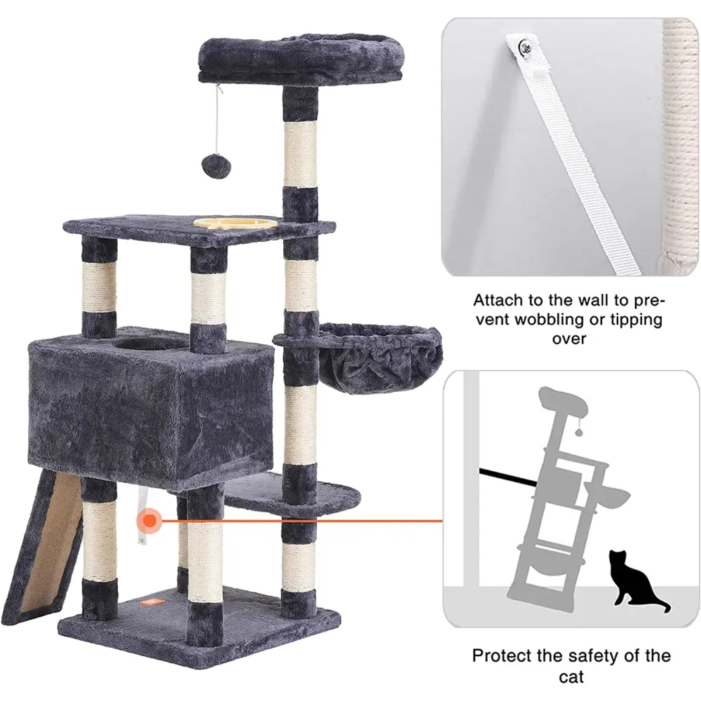 Cat Tree, Cat Tower for Indoor Cats with Scratching Board, Multi-Level Cat Furniture Condo with Feeding Bowl Smoky Gray HCT010G