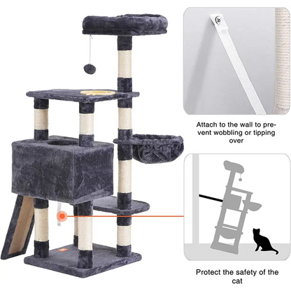 Cat Tree, Cat Tower for Indoor Cats with Scratching Board, Multi-Level Cat Furniture Condo with Feeding Bowl Smoky Gray HCT010G