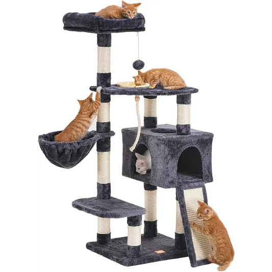 Cat Tree, Cat Tower for Indoor Cats with Scratching Board, Multi-Level Cat Furniture Condo with Feeding Bowl Smoky Gray HCT010G