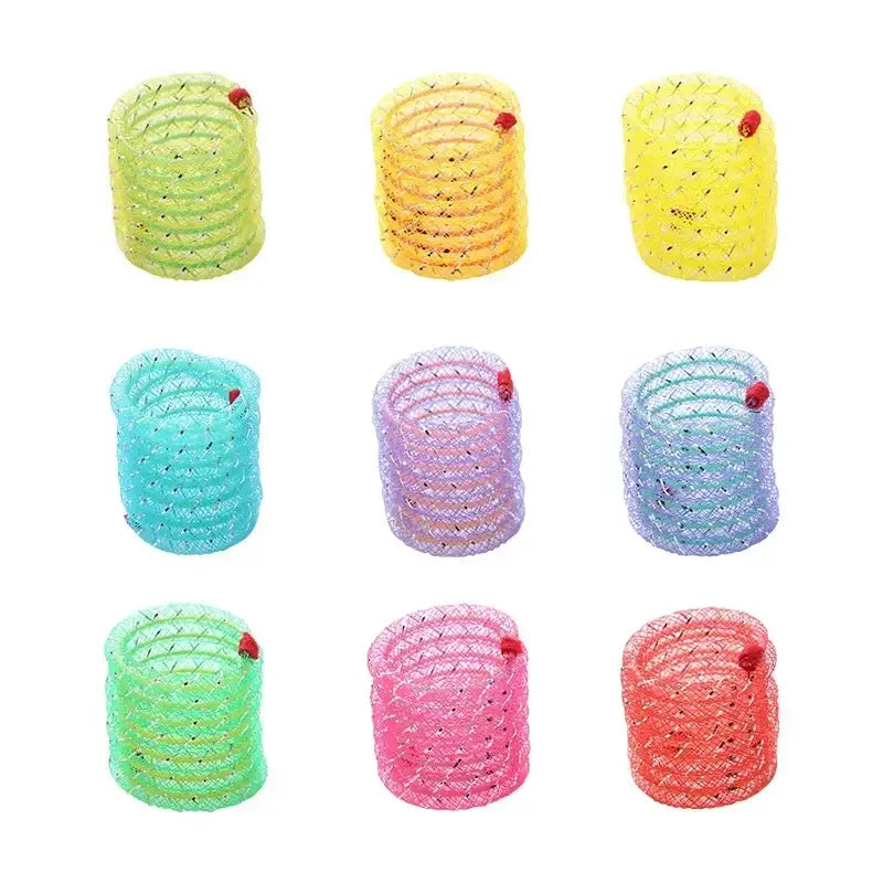 Nine colorful spiral hair ties arranged in a grid pattern.