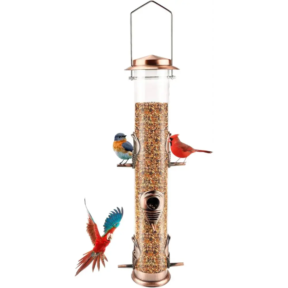 Wild Bird Feeders for Outdoors Hanging, Metal Tube Feeder, 6 Feeding Ports, Antique Copper - 1 Pack