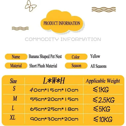Banana-shaped yellow plush pet bed.