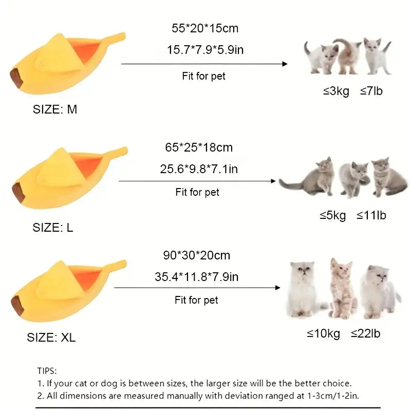 Yellow banana-shaped pet bed with size measurements and corresponding cat weight guidelines.