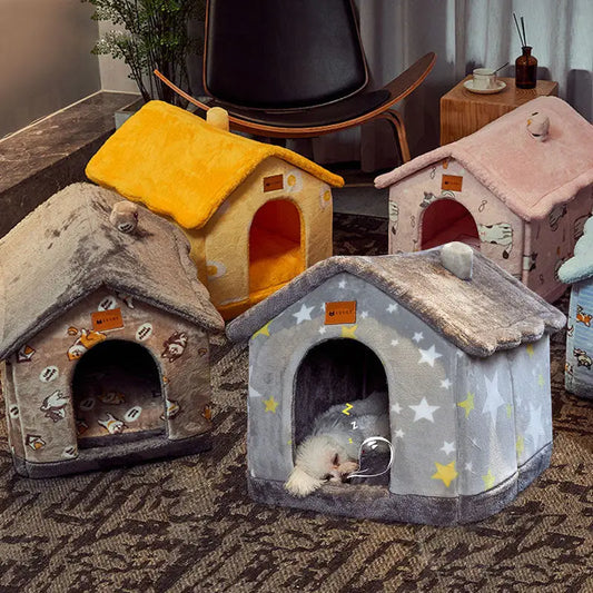 Collection of cozy pet houses with different colored roofs and designs.