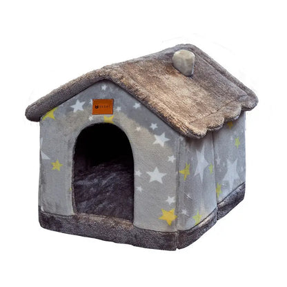 Plush gray pet house decorated with star patterns and a brown roof.