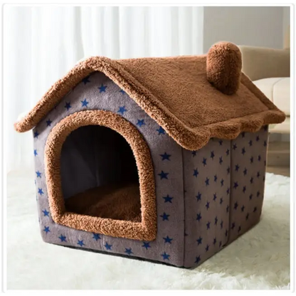 Cozy pet house with blue star pattern and brown plush trim.