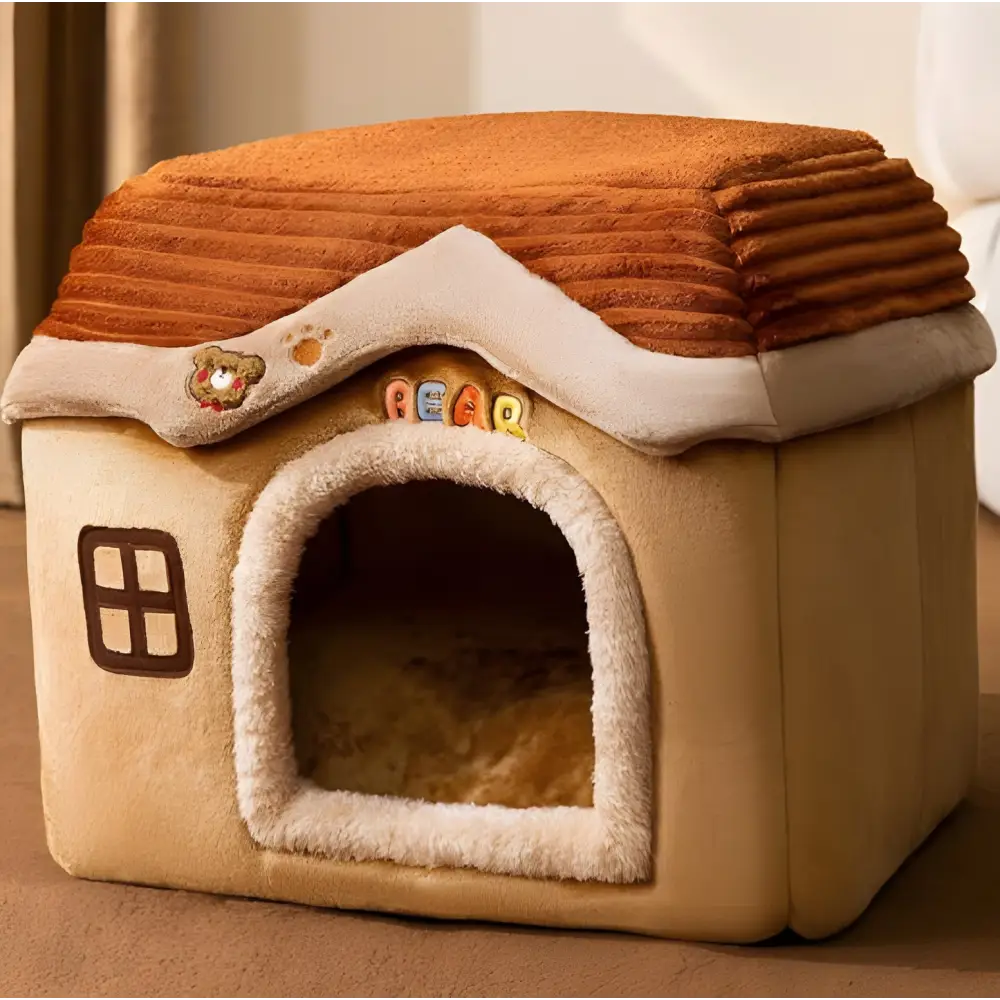 Plush pet house with a brown corduroy roof and beige walls.