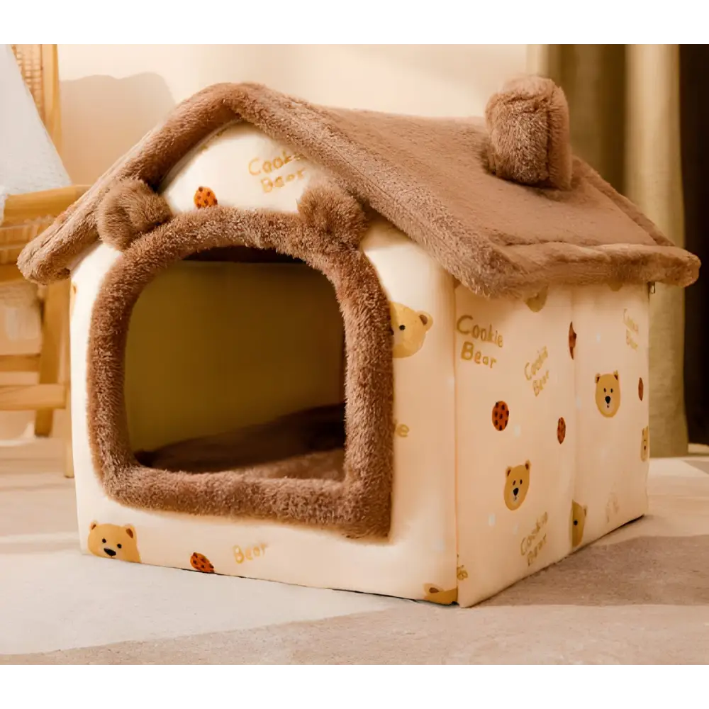 Plush pet house with teddy bear print and brown trim.