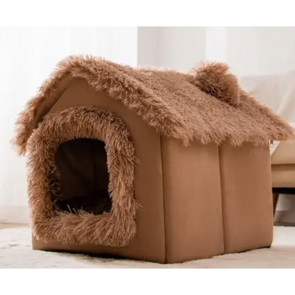 Plush brown pet house with furry trim around the entrance and roof.