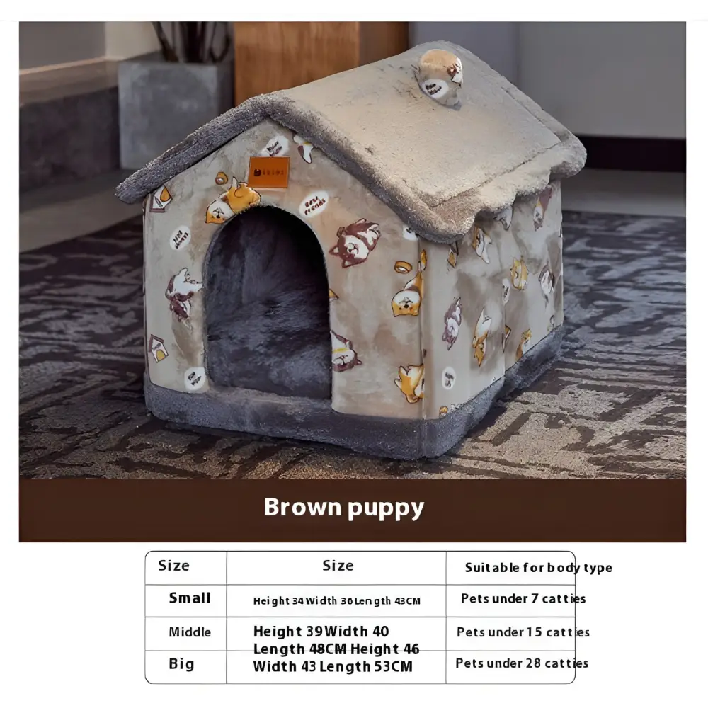 Pet house with cartoon dog pattern fabric covering.