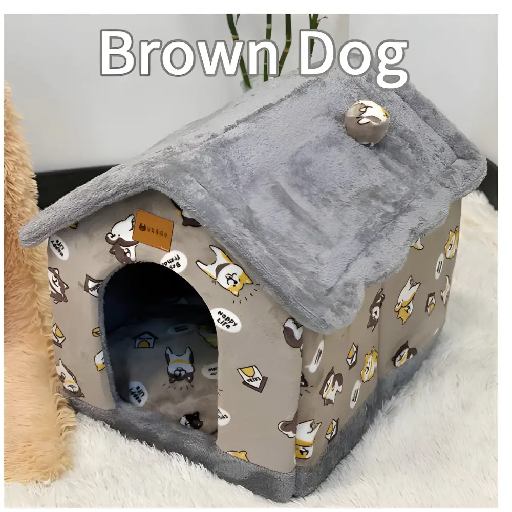 Plush pet house with gray roof and dog-patterned fabric walls.