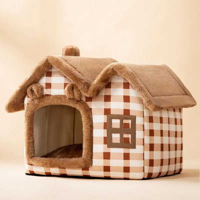 Plush brown and white checkered pet house with a soft furry roof.