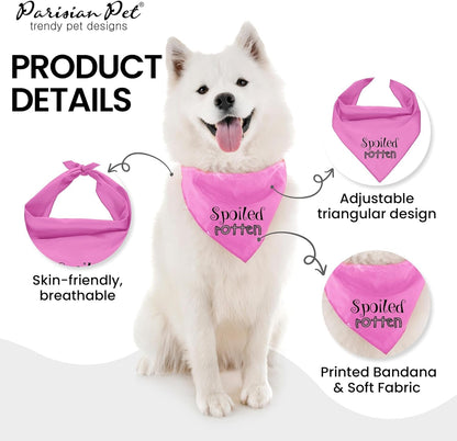 Dog Bandanas with Printed 'Spoiled Rotten' Word - Tie-On Adjustable Bandana for Dogs - Female Dog Scarf for Large Dogs - Triangle Cat and Dog Bib - Pink Handkerchief for Pets - L