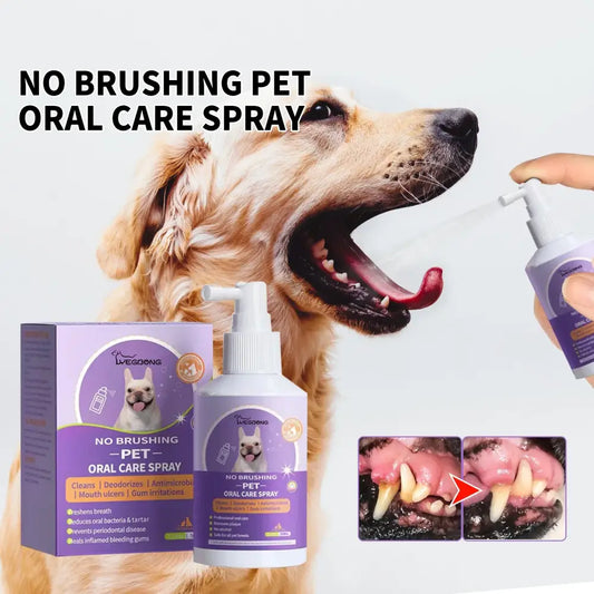 No-brushing oral care spray for pets with its purple packaging and product demonstration on a Golden Retriever.