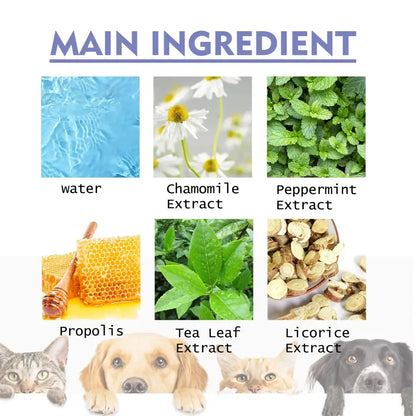 Chart showing six natural ingredients: water, chamomile extract, peppermint extract, propolis, tea leaf extract, and licorice extract, with cats and dogs peeking from the bottom edge.