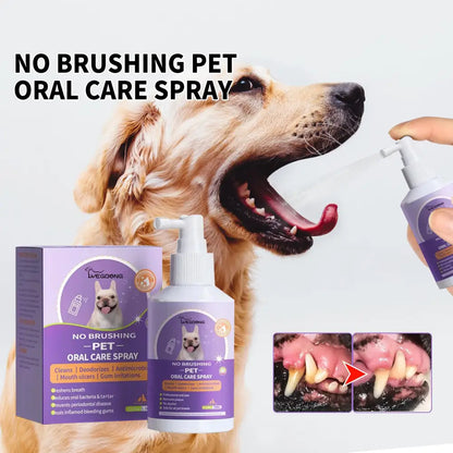 No-brushing oral care spray for pets with a purple and orange product box and bottle.