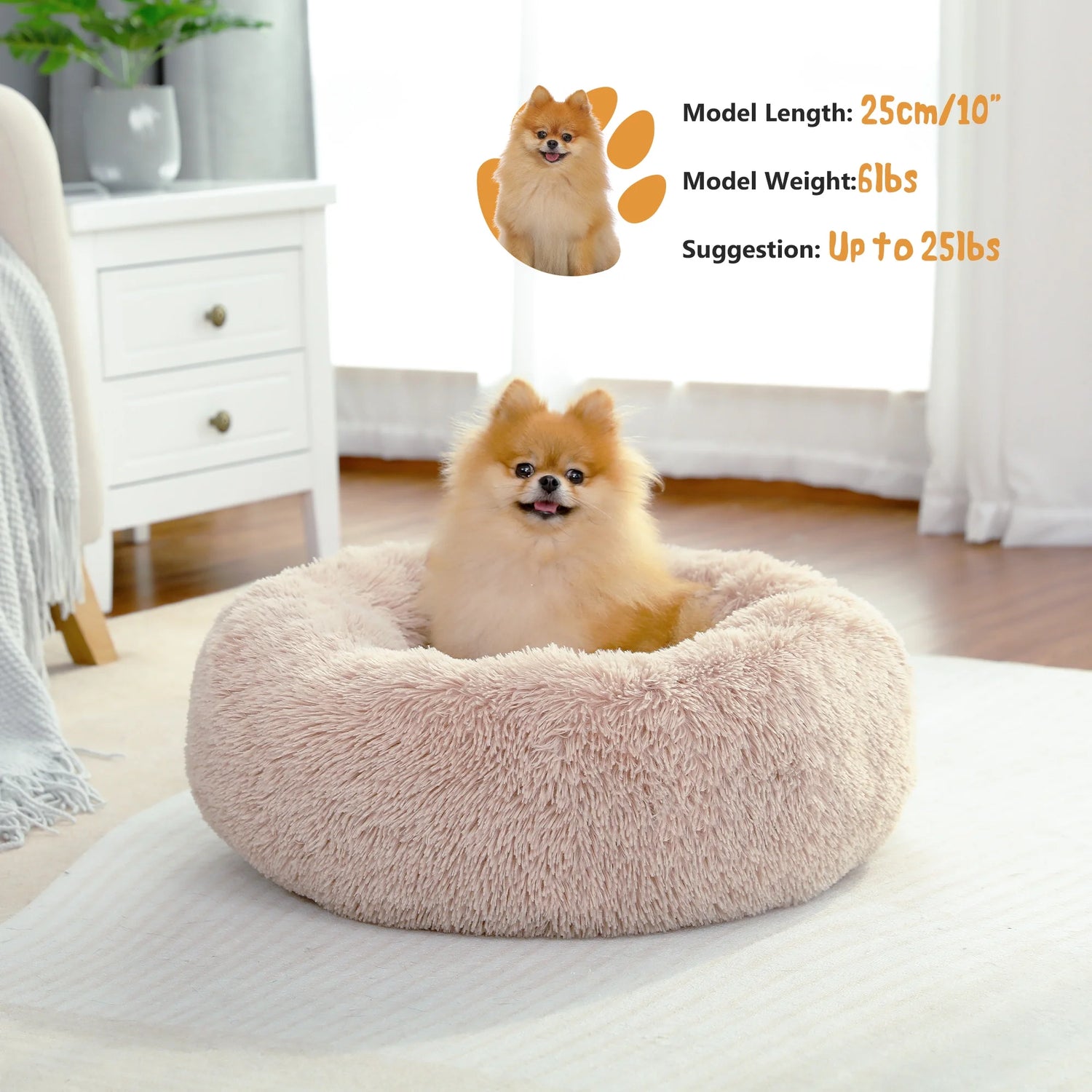 Calming Donut Dog Bed 23" Anti-Anxiety Plush Pillow round Puppy Cat Bed for Pets up to 25Lbs,Beige