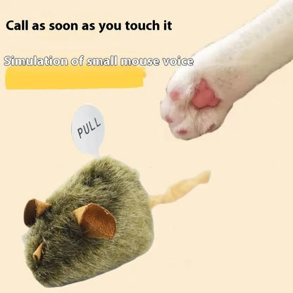 Mouse-shaped cat toy with a pull mechanism.