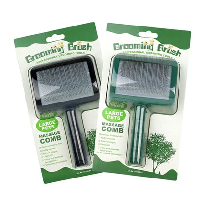 Pet grooming brushes with massage combs in green retail packaging.