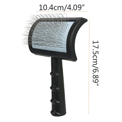 Pet grooming brush with thin metal bristles and an ergonomic black handle.