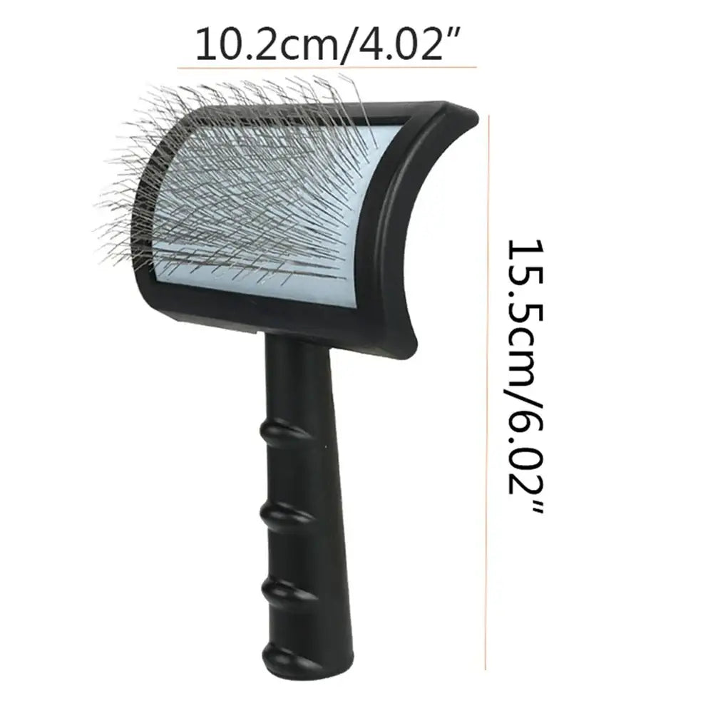 Pet grooming brush with wire bristles and an ergonomic black handle.