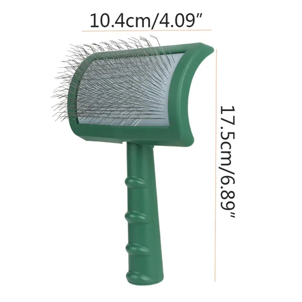 Green-handled pet grooming brush with metal bristles.