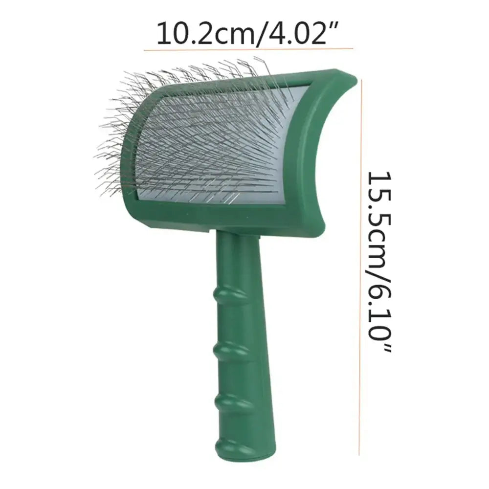 Green plastic pet grooming brush with metal bristles and an ergonomic handle.