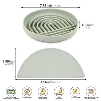 Sage green pet food mat with concentric curved ridges to slow down eating.