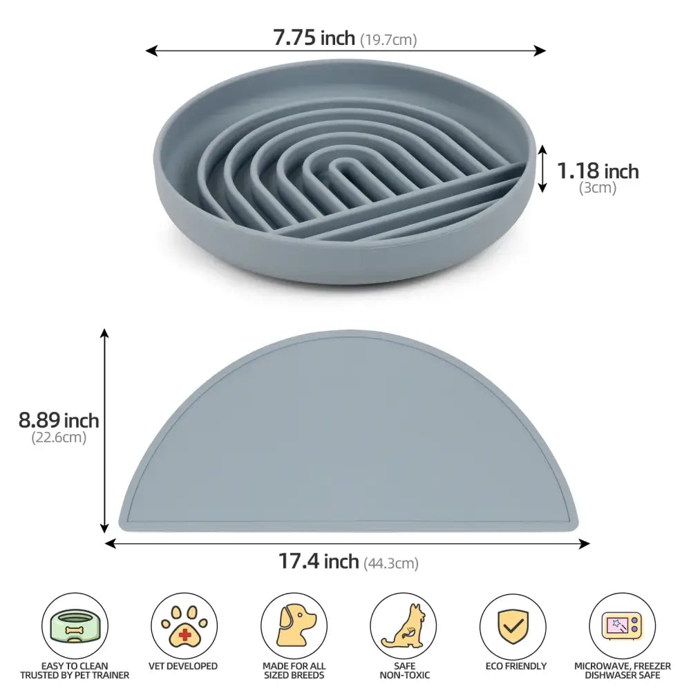 Semi-circular pet feeding mat with concentric grooves to slow down eating.