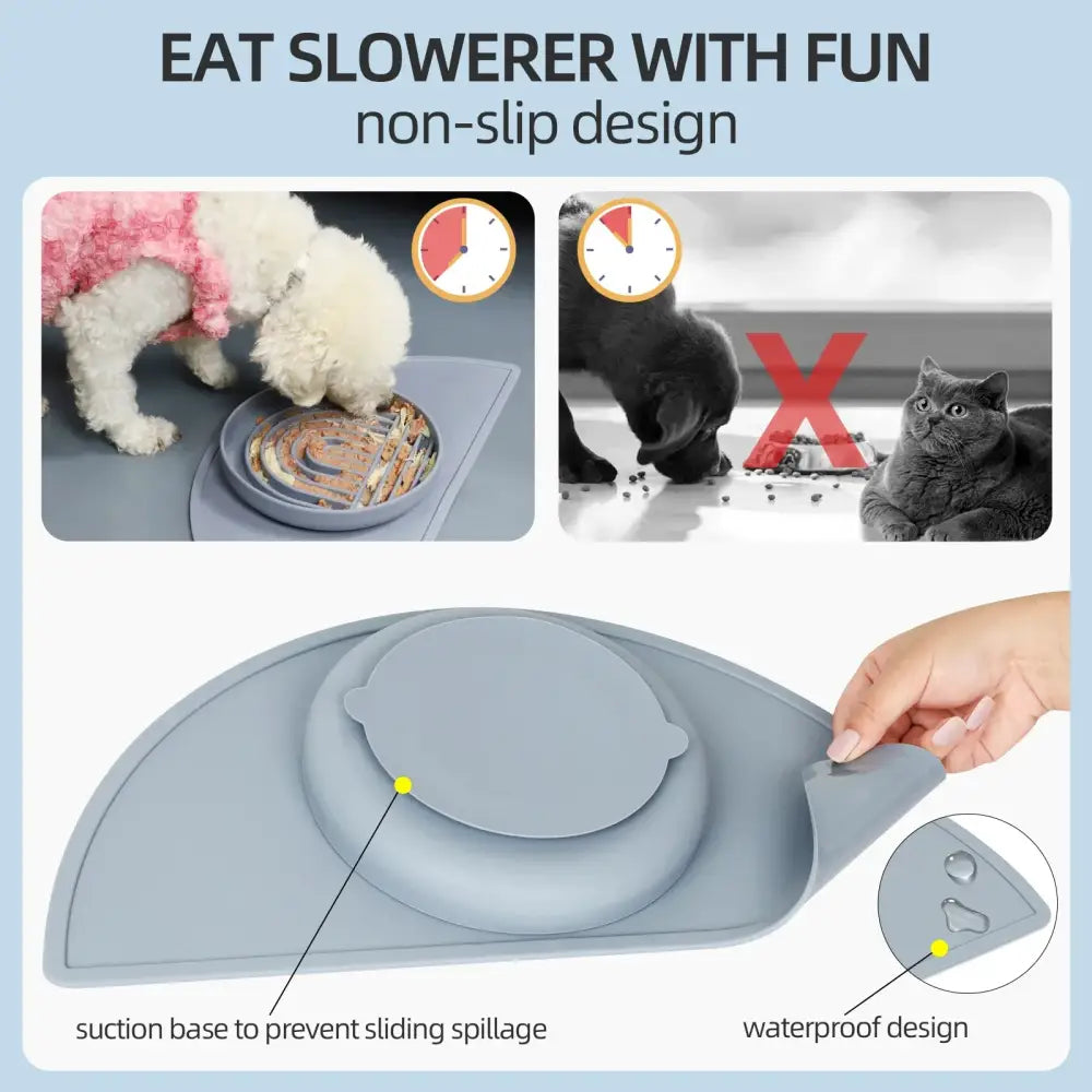 Gray semicircular pet feeding mat with a raised center and non-slip suction base.