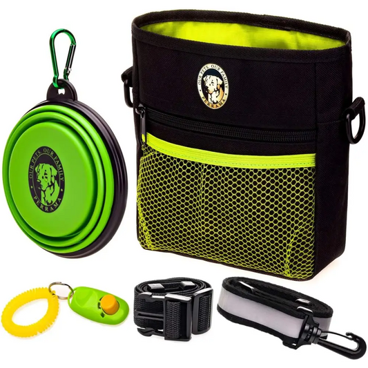 Dog Treat Pouch - Premium Training Treat Bag with Clicker and Collapsible Bowl for Dogs, Adjustable Waist and Shoulder Reflective Straps and Belt Clip, Ideal for Pet Obedience and Agility Training