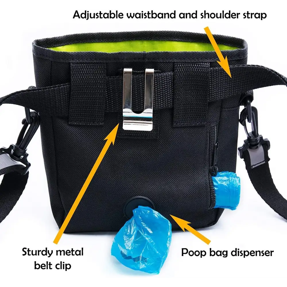 Dog Treat Pouch - Premium Training Treat Bag with Clicker and Collapsible Bowl for Dogs, Adjustable Waist and Shoulder Reflective Straps and Belt Clip, Ideal for Pet Obedience and Agility Training