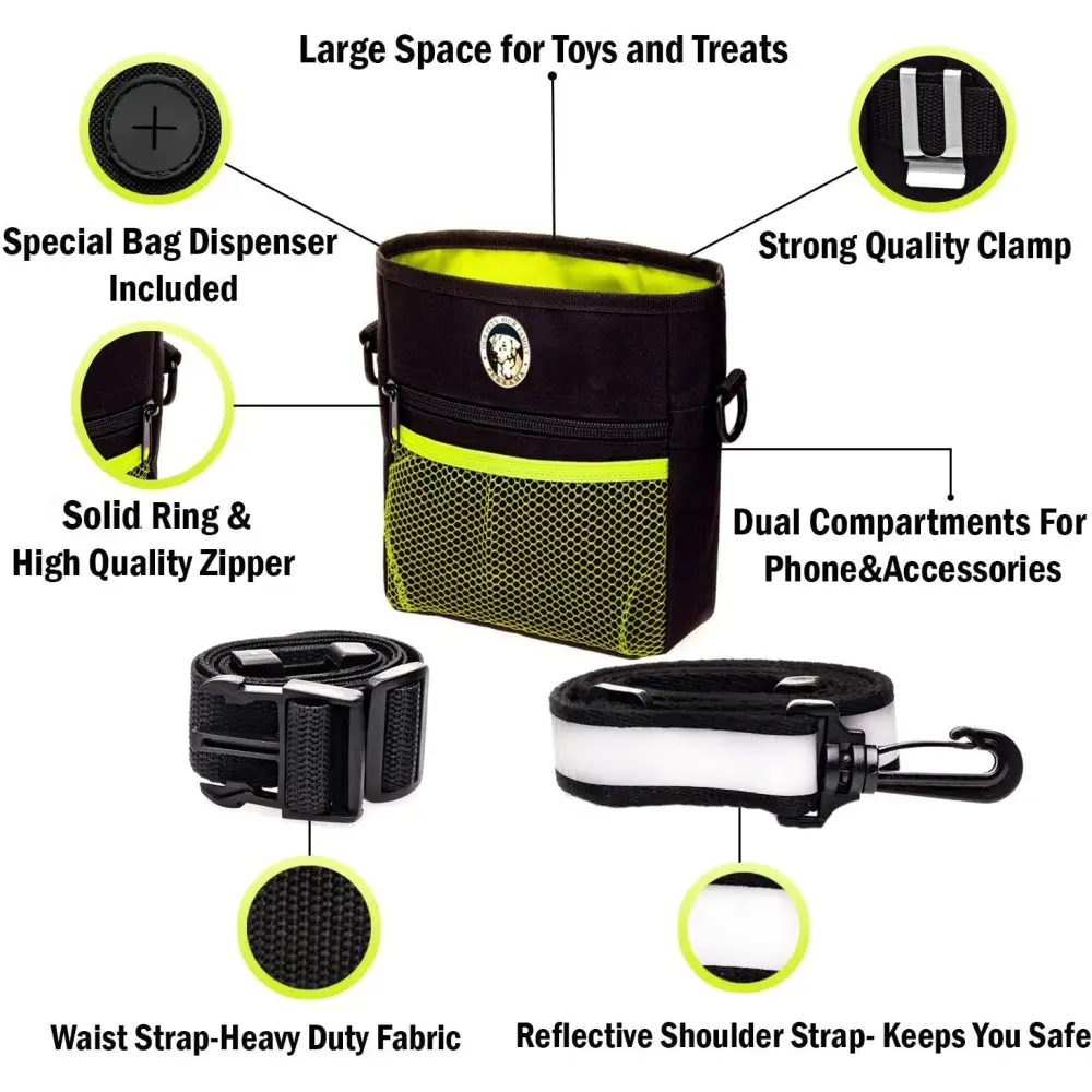 Dog Treat Pouch - Premium Training Treat Bag with Clicker and Collapsible Bowl for Dogs, Adjustable Waist and Shoulder Reflective Straps and Belt Clip, Ideal for Pet Obedience and Agility Training