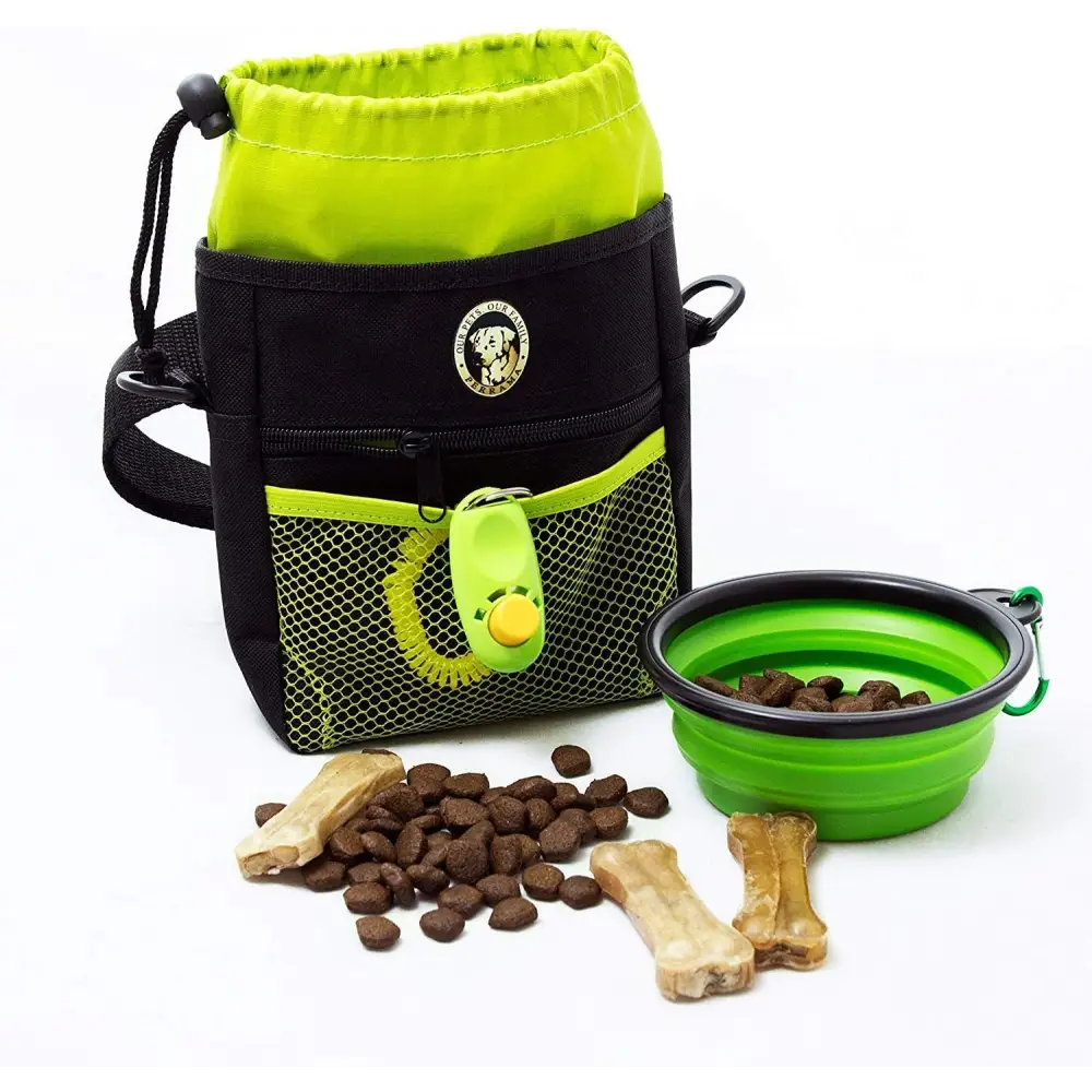 Dog Treat Pouch - Premium Training Treat Bag with Clicker and Collapsible Bowl for Dogs, Adjustable Waist and Shoulder Reflective Straps and Belt Clip, Ideal for Pet Obedience and Agility Training